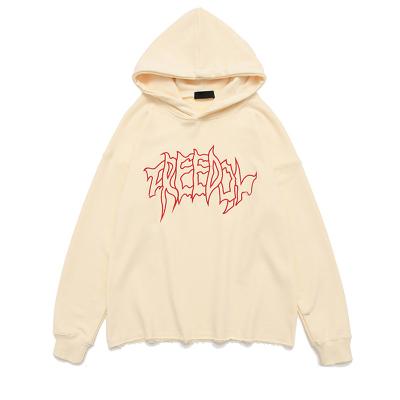 China Custom Logo Letter Embroidery Edge Raw Hoodie Men QUICK DRY Pocketless No String Cut for sale