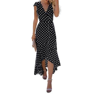 China Women's Summer Fashion Custom Logo Floral Print V-Neckline Flowy Cross Dress Long Maxi Dresses Anti-static Bohemian for sale