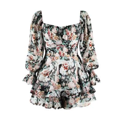 China Ruffle Long Sleeve Anti-pilling Overalls Playsuits High Quality Floral Sexy Backless Women Short Jumpsuits Rompers for sale