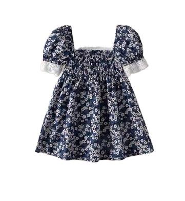 China Wholesale Breathable Navy Floral Little Girl Party Dress Birthday Low Price Short Dresses for sale