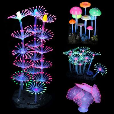 China Viable Jellyfish Coral Lotus Leaf Kelp Mushroom Silicone Simulation Glow Aquarium Decorations for sale