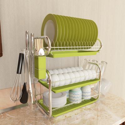 China Sustainable 3 Layer Kitchen Accessories Stainless Steel Kitchen Drainer Dish Drying Rack Green for sale