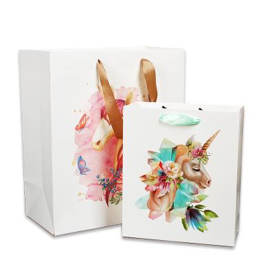 China Mother's Day Series Waterproof Cartoon Unicorn Paper Bag Custom Print With Ribbon Handles for sale