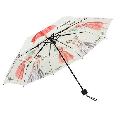 China Pongee Elegent Women Three Times Umbrella With Printing 8 Ribs Rain Umbrella Rain Gift With Wholesale Price for sale