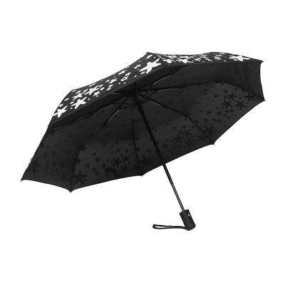 China Automatic Open Adult Pongee Three Fold Umbrella Black Umbrella Print With Meet Water Change Color for sale