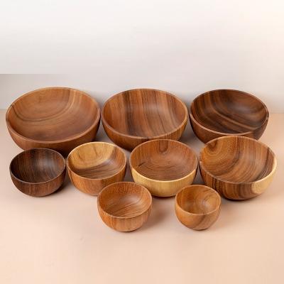 China Sustainable Wholesale Japanese Acacia Wood Thickened Home Dishes Salad Large Soup Hotel Tableware Sets Wooden Bowl for sale