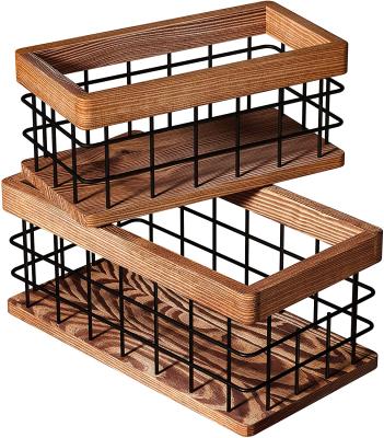 China Small Handmade Rustic Wire and Baskets Wooden Toilet Paper Storage Boxes for Farmhouse Bathroom for sale