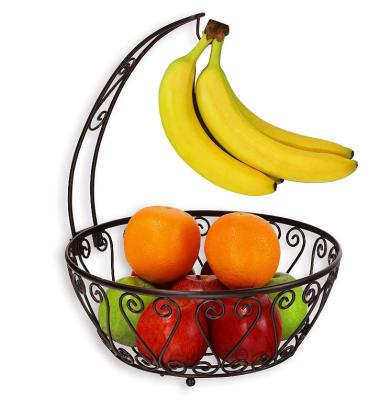 China Wholesale Sustainable Modern Countertop Metal Wire Fruit Basket Bronze Bowl With Banana Tree Hanger for sale