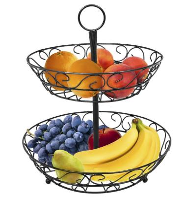 China 2 Tier Countertop Metal Wrought Iron Fruit Basket Sustainable Bronze Fruit Basket Holder for sale