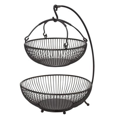 China Sustainable Modern Black Adjustable Countertop Wire Metal 2 Tier Fruit Basket Holder With Banana Hook for sale