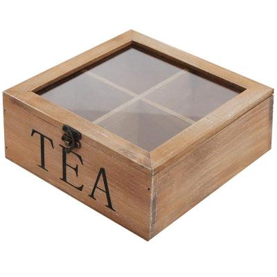 China Handmade Rustic Wholesale 4 Compartments Square Wooden Tea Box With Divider for sale