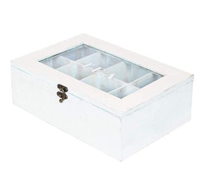 China 12 Compartments Handmade Rustic Decorative Glass Lid Vintage White Wooden Tea Box for sale