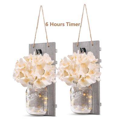 China Wholesale Rustic Mason Jars Sconce Wall Decor Candle Holders from Europe with Silk Hydrangea Lights and LED Strip Lights for sale