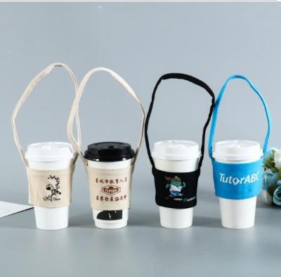 China Recyclable Custom Print Milk Bubble Tea Carrier Holder Take Away Cup Holder Bag Cotton Canvas Cup Sleeve for sale