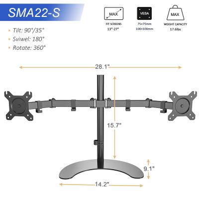 China Metal Dual Monitor Stand Free Standing Desk Mount for 2 monitors up to 27 inches 22 lbs. Fully adjustable weight capacity per arm for sale