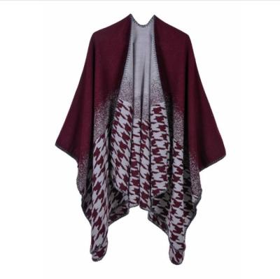 China Women Soft Smooth Feeling Oversized Blanket Poncho Shawl Open Front V Cut Reversible Cape for sale