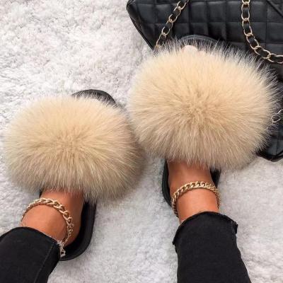 China Waterproof Slides Wholesale 1 Pair Furry Real Fox Raccoon Logo Furry Slippers Custom Made Fluffy Fur Slipper Slides For Women for sale