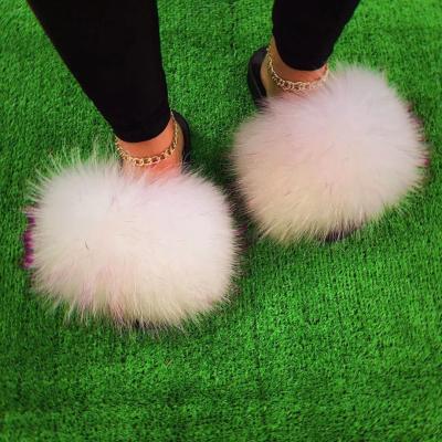 China Real Fox Fur Waterproof Custom Logo Fox Fur Slippers For Soft Fluffy Fox Fur Slides For Women for sale