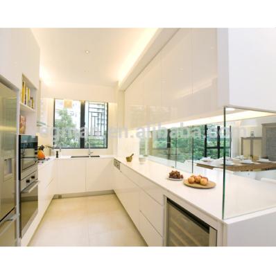 China Weather Resistant U Shaped White Granite Kitchen Designs With Microwave Oven Cabinet for sale