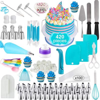 China Viable 420Pcs Cake Stand Turntable Pastry Bag Spatula Piping Tips Baking Cake Tool Kit Cake Decorating Consumables Bundle for sale