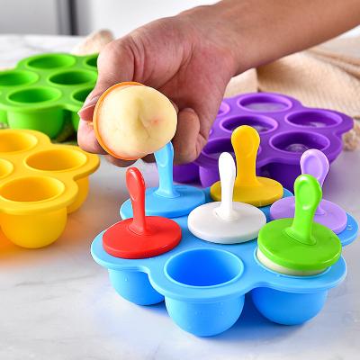 China Sustainable 7 Holes Silicone Ice Cream Makers Baby Food Supplement Sealed Fresh-Keeping Box Silicone Popsicle Ice Cream Tray Mold for sale