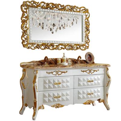 China CLASSIC 59 Inch Hotel Bathroom Luxury White Double Vanity Cabinets /classic Sink With Gold Leaf And Marble Top for sale