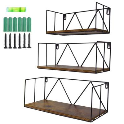 China Modern Floating Wall Shelves Set of 3, Black Metal Wire Hanging Storage Shelf Rustic Decor Organizer for Bedroom Bedside Kitchen for sale