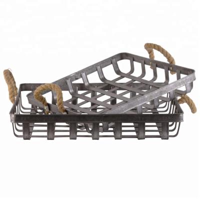 China Handmade Metal Rectangular Basket With Rope Handle And Mesh Design Body Set Of Two Galvanized Finish Gray for sale