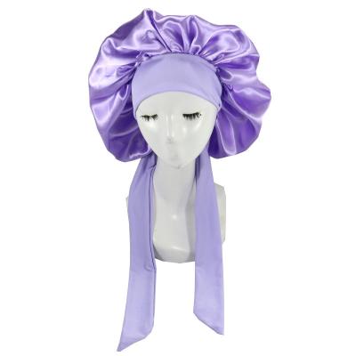 China Luxury Eco-Friendly Adults Bonnet De Nuit High Sleep Cap Women Elastic Night Long Tail Sleep Cap Hoods And Satin Hair Wraps for sale