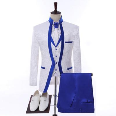 China Slim Blue Embroidery Designs Anti-wrinkle Slim Fit Royal Navy Business Blazers 3 Pieces Mens Tuxedo Suit for sale