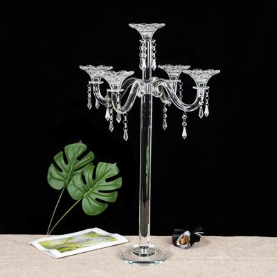 China Home Decoration Wholesale 5 Heads Crystal Glass Cheap Tall Candelabra With Drops For Home Use for sale