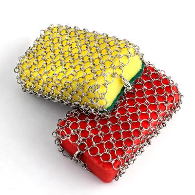 China Deep Clean OUMI Wholesale High Quality 316 Stainless Steel Sponge Brush Chainmail Built-in Remover for Net Pans Scrubber for sale