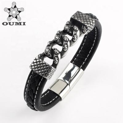 China OUMI Fashion Design Small Skull Stainless Steel CLASSIC Chain Men's Genuine Leather Bracelet Mix for sale