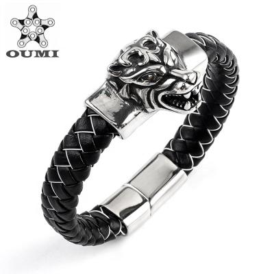 China OUMI Europe Classic Style Men's Jewelry Italian Wolf Head Genuine Leather Animal Bracelet Charms for sale