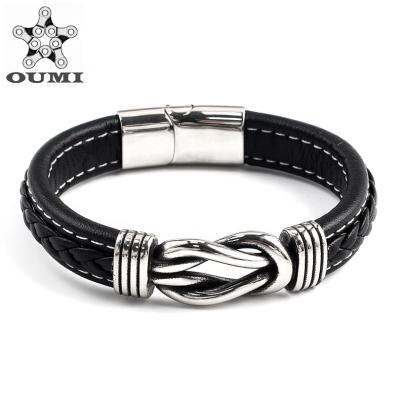 China Stainless Steel Mens Knot Anchor Genuine Leather Nautical Bracelet OUMI Factory Trendy Stainless Steel for sale