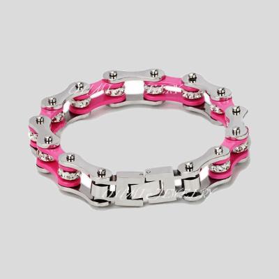 China Custom Chain Bracelet Stainless Steel Chain Bracelet Designs Love Motorcycle Pink Silver Crystals Chain Bracelet for sale