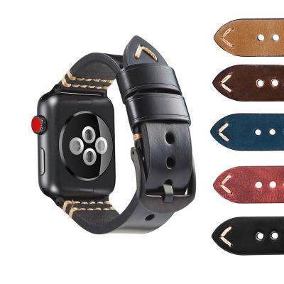 China Unisex High-End Genuine Leather Watch Strap For Apple Watch Se 6 Handmade Stitched Cow Leather Watch Band 5 4 3 2 For iwatch for sale