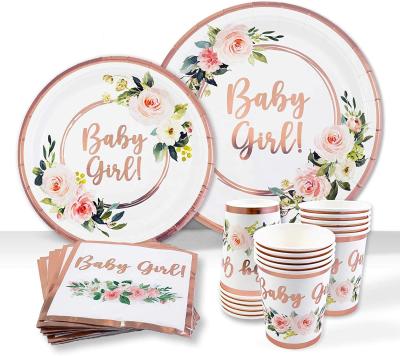 China Party Decoration Customized Baby Shower Tableware Dishes and Napkins Baby Decorations Rose Gold Foil Pink Floral Paper Dessert Dish for sale