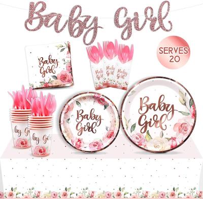 China Party Decoration Customized Rose Gold Floral Baby Shower Decorations Baby Shower Tableware Supplies for Princess and Tea Party Theme for sale