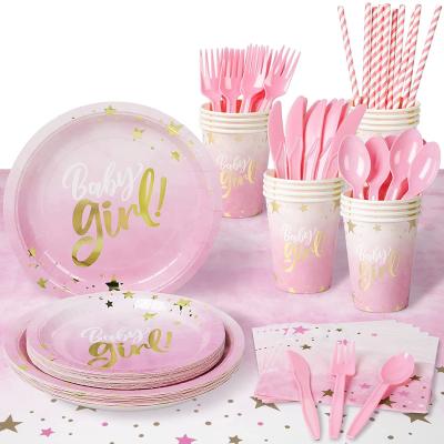 China Party decoration baby shower dishes and napkins girl, baby shower decorations for girl includes tableware, tablecloth, straws, cups and napkins for sale