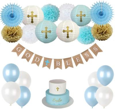 China Party Decoration Baptism Decorations For Boys First Communion Confirmation Decorations God Bless Banner And Blue Party Decorations for sale