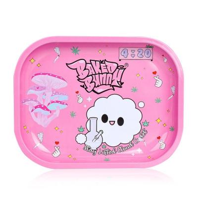 China Tin Free Sample Custom Logo Herb Rolling Tray Metal Serving Rolling Tray Pink Design Rolling Tin for sale