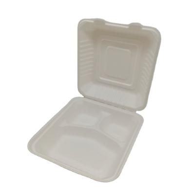 China Biodegradable Sugarcane Bagasse Clamshell Lunch Box 8 Inch 3 Compartment for sale