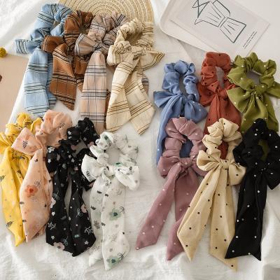 China Korea Fashion Bow Knot Hair Scrunchies Elastic Chiffon Hair Bands Pony Holders Ties Long Ribbon Hair Scrunchies For Women for sale