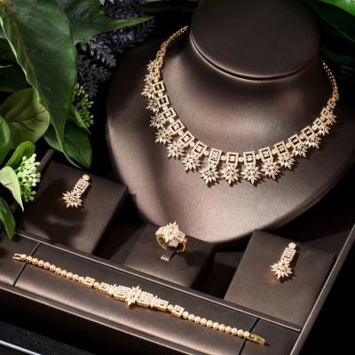 China CLASSIC Gold Plated Zircon Star Fashion Elegant And Generous Square Cubic Zirconia Ring Bracelet Jewelry Set Bridal For Wedding Women for sale