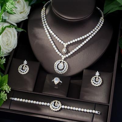 China CLASSIC Dubai Bridal Silver Brass Bridal Jewelry Sets Cubic Zircon Sunflower Earrings Necklace Bracelet and Ring Sets for sale