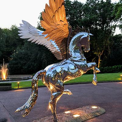 China Europe High Polished Stainless Steel Horse Sculpture Animal Statue For Garden Decor With Wings for sale