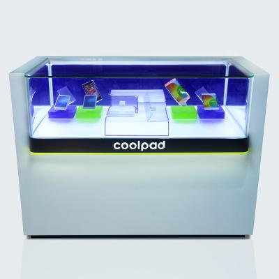 China Shops Customized Cell Phone Display Showcase Mobile Phone Shop Counter Glass Design And Display Cabinets With LED Lights for sale