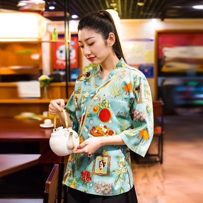 China Japanese Style Vintage Breathable Chefs Clothes Kimono Style Half Sleeve Sushi Restaurant Chef Jacket Izakaya Waitress Uniform Work Clothes for sale