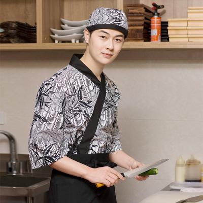 China Anti-wrinkle bamboo chef uniform 100%cotton sushi bar cook izakaya Fukuya Teppanyaki leaf pattern uniform for sale